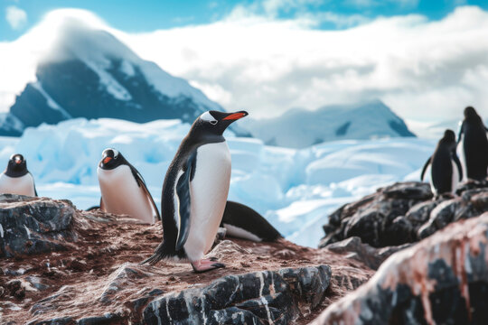 Gentoo Penguins on Antarctic Shoreline, Generative ai image