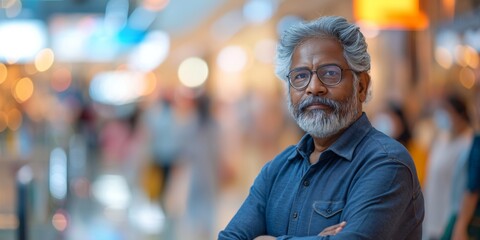 A mature Indian man exudes confidence and sophistication as he strikes a dynamic pose against the blurred backdrop of a modern, motion-blurred shopping mall filled with bustling shoppers. - obrazy, fototapety, plakaty