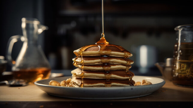 Golden Syrup Cascading Over a Stack of Pancakes. Generative ai image