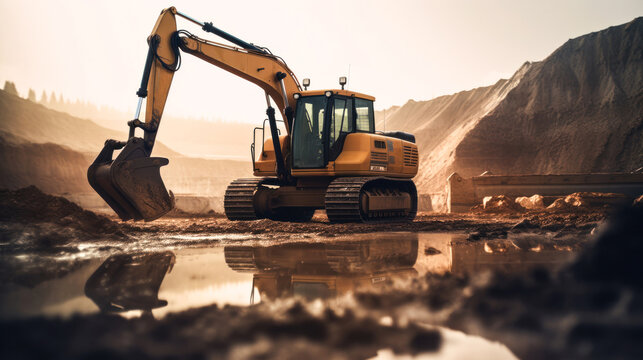 Excavator at work in a sunlit quarry. Generative ai image