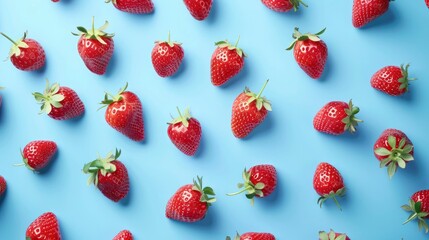 Ripe juicy red strawberries on blue background, top view flat lay. Sweet summer berry, healthy food, summer fruit background