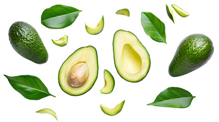 avocado and slices decorated with green leaves isolated on transparent background