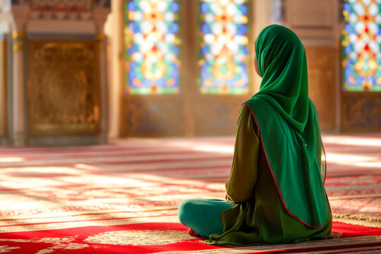 Generative AI illustration of Ramadan Kareem anonymous Muslim woman with green clothes is praying in the mosque