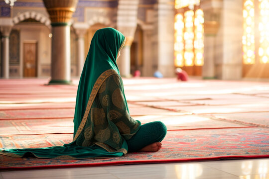 Generative AI illustration of Ramadan Kareem anonymous Muslim woman with green clothes is praying in the mosque