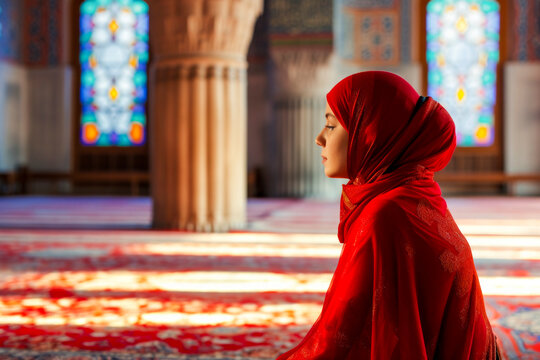 Generative AI illustration of Ramadan Kareem, side view A Muslim woman with red clothes is praying in the mosque