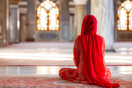 Generative AI illustration of Ramadan Kareem, back view of Muslim woman with red clothes is praying in the mosque