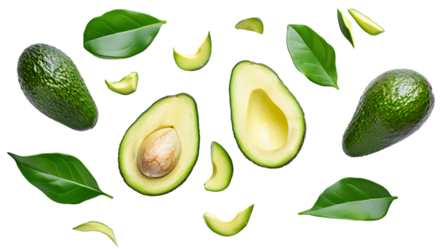 avocado and slices decorated with green leaves isolated on transparent background