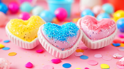 Heart-shaped desserts with glittering toppings on a pastel pink background, symbolizing sweetness, love, and celebration.