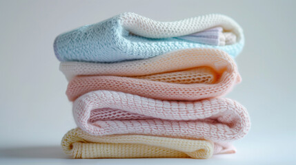 Stacked baby knitwear in pastel shades on a white background.