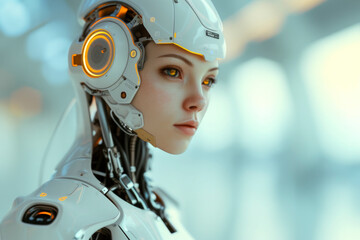 Generative AI illustration of close up of a humanoid robot with a lifelike face, showcasing advanced technology and artificial intelligence