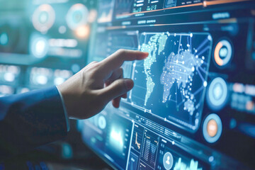 Generative AI illustration of anonymous professional, realistic, Business hand working with cryptocurrency and Ai computer interface