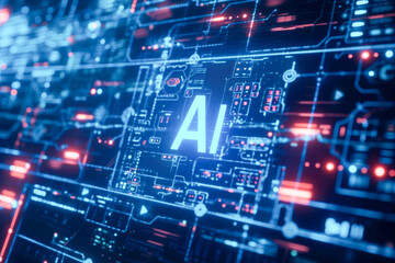 Generative AI illustration of close up view of an advanced artificial intelligence circuit board with glowing elements and the AI symbol at the center