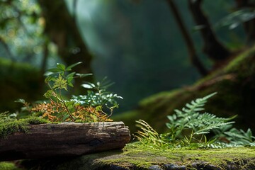 A stone-wood podium covered with moss in the forest, surrounded by twigs and ferns. An empty background ideal for promoting natural and eco-friendly products. - 746027972