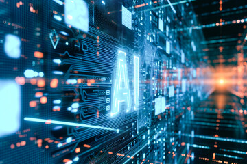 Generative AI illustration of vivid depiction of a high-tech AI interface with glowing neon circuitry and binary code streams