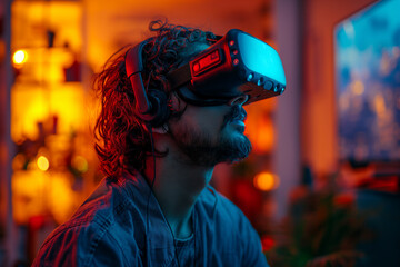 Fototapeta premium Young man Lost in the Wonders of Virtual Reality from His Home Setup, With VR Gear On, Experiencing Astonishing Virtual Landscapes in His Contemporary Loft, clean design, cool color