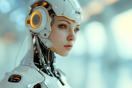 Generative AI illustration of close up of a humanoid robot with a lifelike face, showcasing advanced technology and artificial intelligence