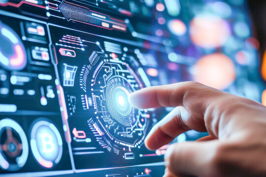 Generative AI illustration of anonymous professional, realistic, Business hand working with cryptocurrency and Ai computer interface