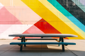 Vibrant Multicolored Wall and Wooden Bench in Urban Setting at Daytime