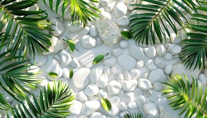 white stones, stone tiles and leaves of palm leaves in tropical style
