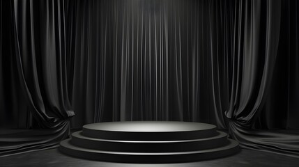 Black product background room and podium stand on dark curtain scene display with luxury fabric backdrops 