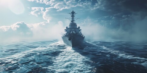 a navy ship is traveling through the sea - obrazy, fototapety, plakaty