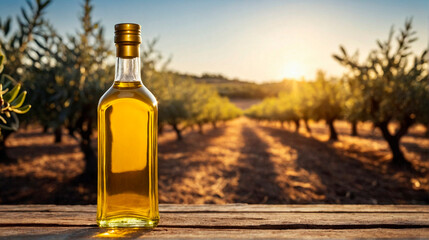 Golden Olive Oil Bottle on Wooden Table in Morning Sunshine