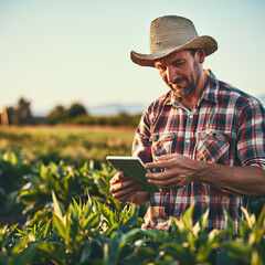 Farmer using technology to increase crop - obrazy, fototapety, plakaty