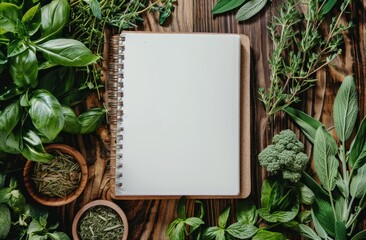 a notebook on a wooden table with herbs - 746028543