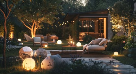 outdoor lit garden with outdoor furniture - obrazy, fototapety, plakaty