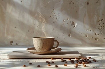 coffee cup with steam rising from beans on wooden table, spectacular backdrops, light brown and white