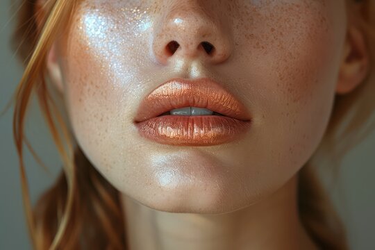Beautiful female lips on the face with makeup, freckles. Generative AI