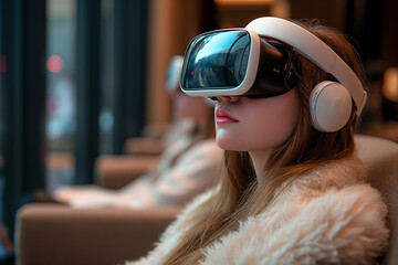 Young girls Finding Solace in Virtual Reality Gaming at Home, Lounging in a Cozy Armchair, Completely Absorbed in the VR World