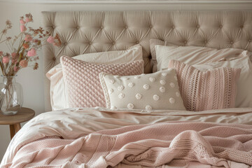 Fototapeta na wymiar A cozy bed with soft decorative pillows and knitted blanket and bedspread. Beautiful bedroom interior close-up. Stylish interior in delicate colors of beige and pink