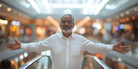 A senior Indian man exudes timeless wisdom and confidence as he strikes a dynamic pose against the blurred backdrop of a modern, motion-blurred shopping mall filled with bustling shoppers. - obrazy, fototapety, plakaty