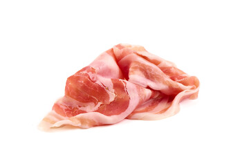 Italian pancetta piancetina. Sliced smoked bacon, isolated on white background