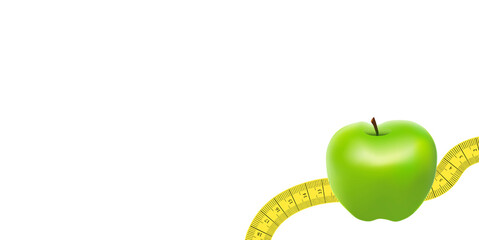 green apple on a measuring tape background. the concept of female weight loss	
