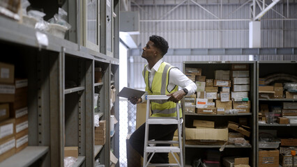 Black worker is checking the goods in the warehouse. - 746028955