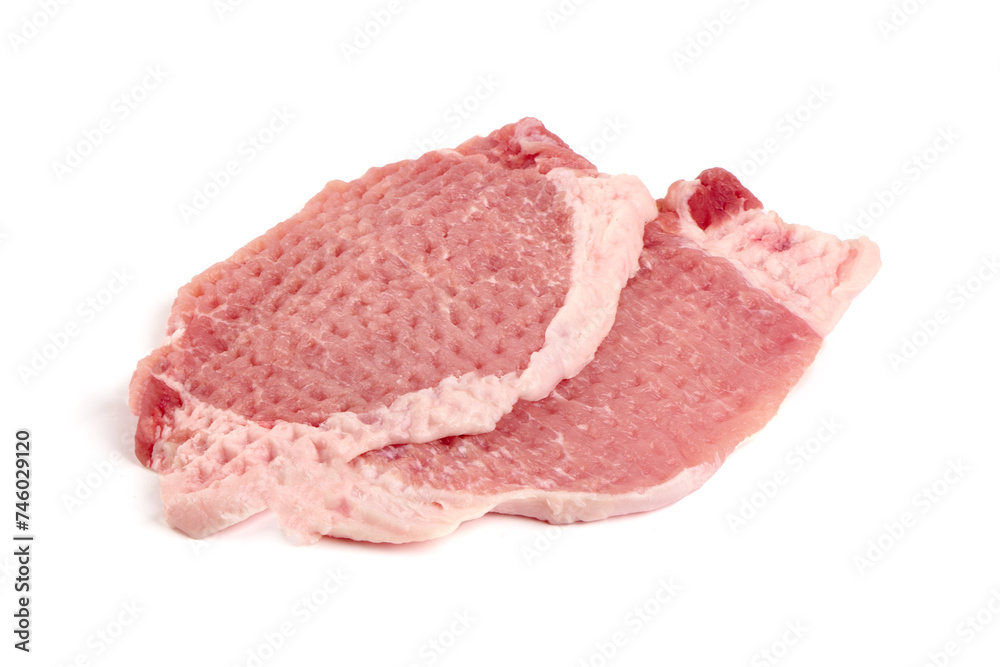 Sticker Pork chops, ready for cooking, isolated on white background