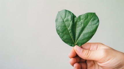 Generative AI, green heart shape plant leaf in the hand, renewable and sustainable resources concept, love planet