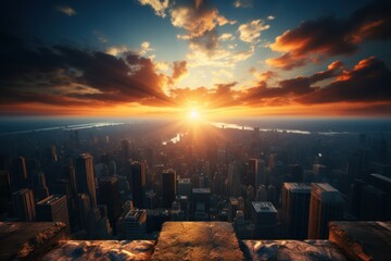 The sun sets over a bustling cityscape, casting a warm glow over the tall buildings and busy...