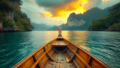 Point of view of Cheow Lan lake from long tail boat Khao Sok National Park in Thailand Adventure travel concept with wanderlust feelings Enhanced sunflare halo with vivid