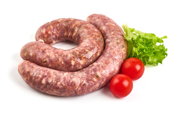Fototapeta premium Italian sausages, Raw Salsiccia Sausages, isolated on a white background