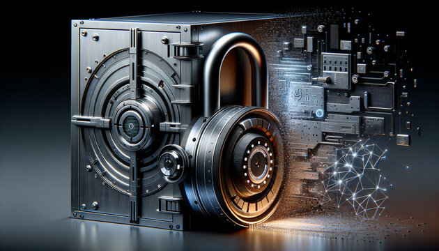 Futuristic biometric padlock securing metallic door with digital disintegration.