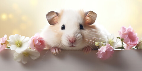 A white hamster peeks out behind a blank banner decorated with spring flowers.