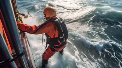 Coast Guard Rescuer into Ocean - obrazy, fototapety, plakaty