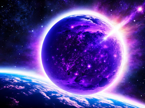 Planet image, unreal galaxy image purple background with space for design