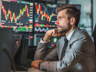 Finance trade manager analyzing stock market indicators according to charts for best investment strategy, financial data