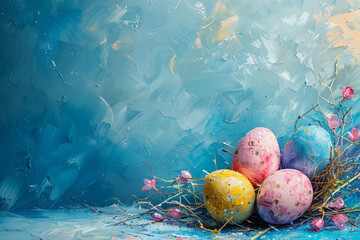 Easter eggs on watercolor background in impressionism style, AI Generation