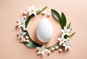 Elegant Easter Egg Surrounded by Spring Florals with copy space