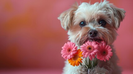 Cute maltipoo puppy with flowers bouqet on pink background.